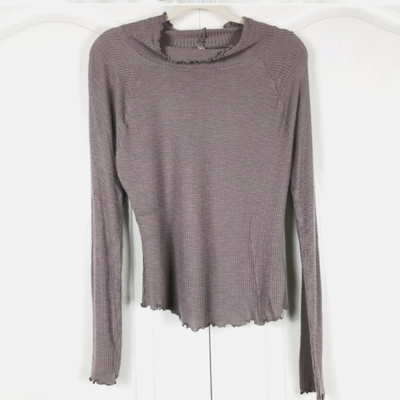 Free People Make It Easy Thermal Turtleneck Top Mauve Taupe Lettuce Hem XS - Picture 1 of 5